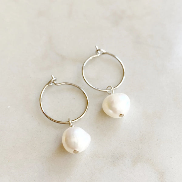 STEEL DAISY Hoop Earrings ~ Snowball Pearl