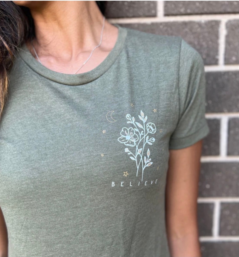 KARMA COLLECTIVE Olive Green T-shirt BELIEVE